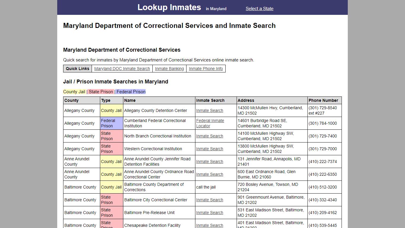 Maryland Department of Correctional Services and Inmate Search